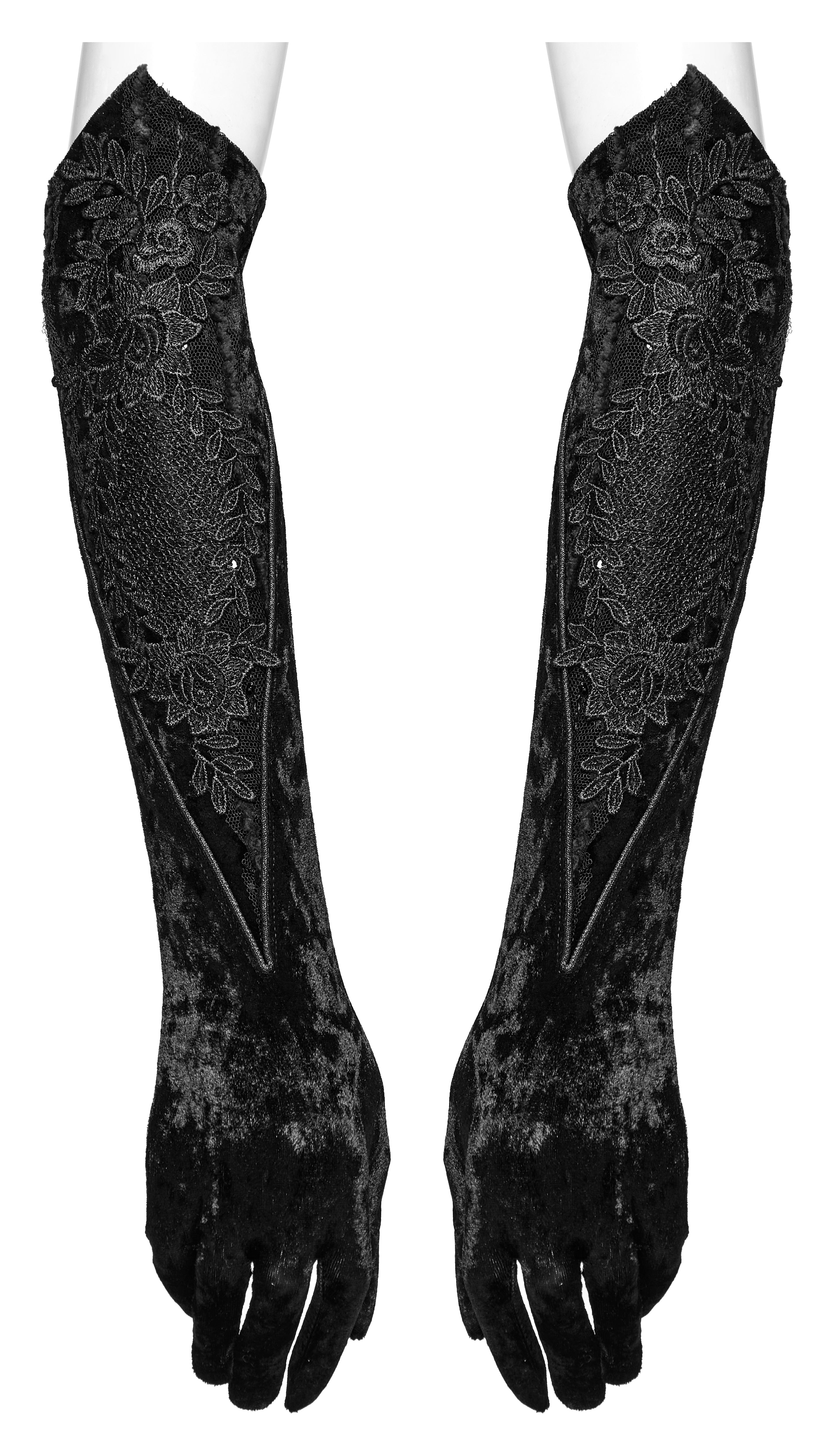 Punk Rave Selene Black Velvet Embroidered Gothic Gloves with Pointed Cuffs