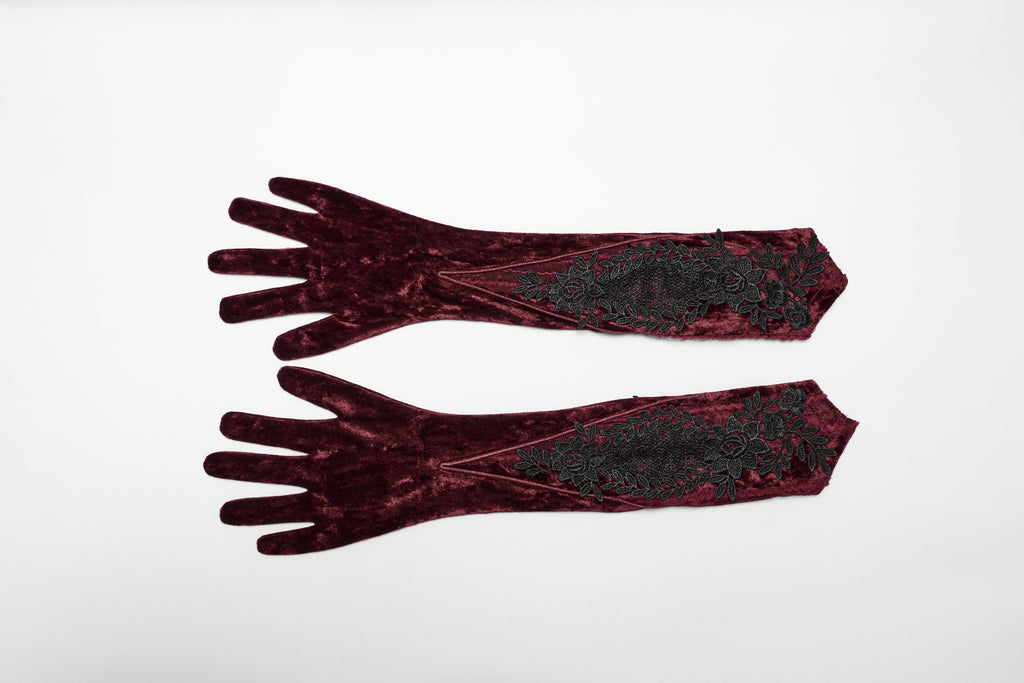 Punk Rave Selene Crimson Velvet Embroidered Gothic Evening Gloves