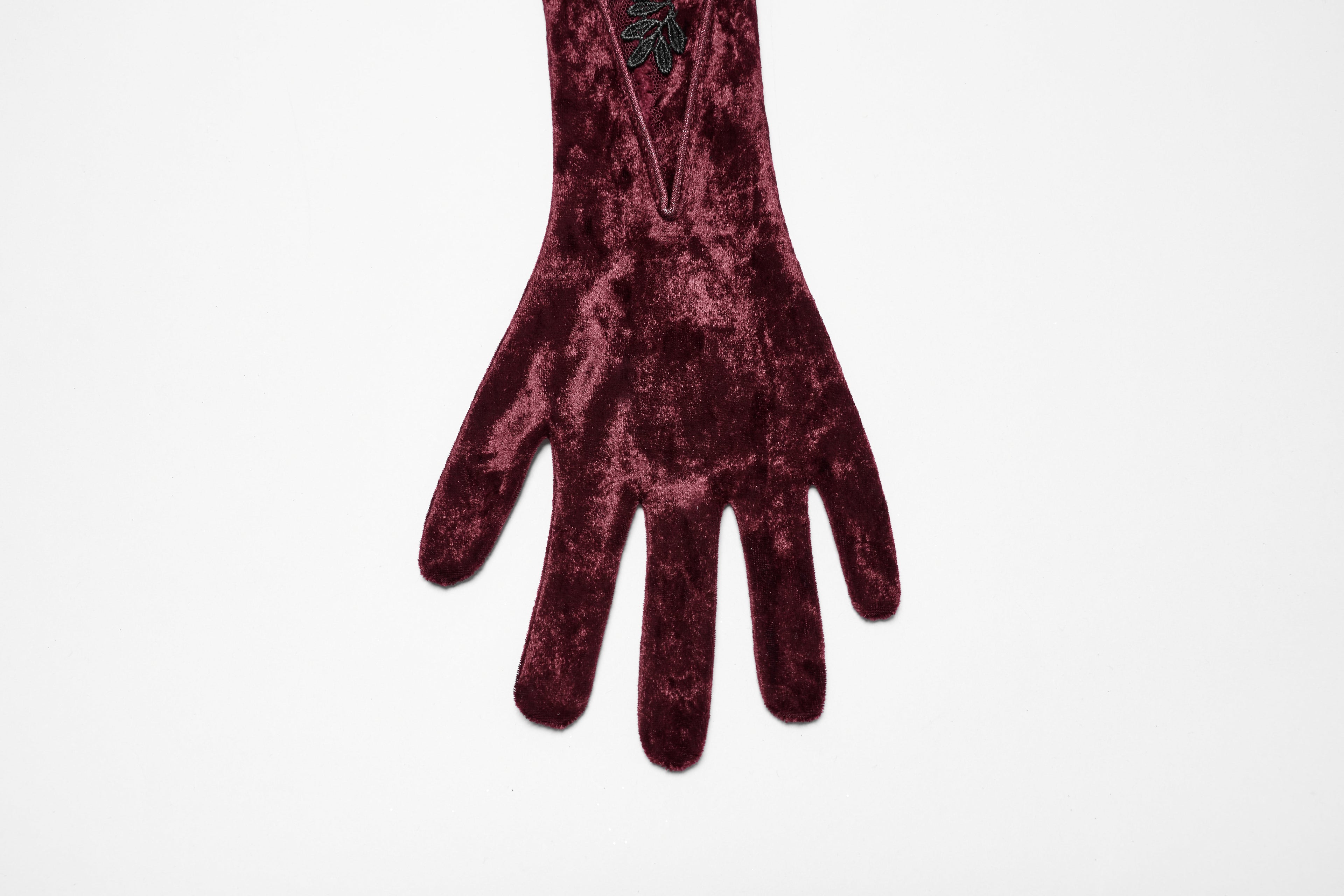 Punk Rave Selene Crimson Velvet Embroidered Gothic Evening Gloves