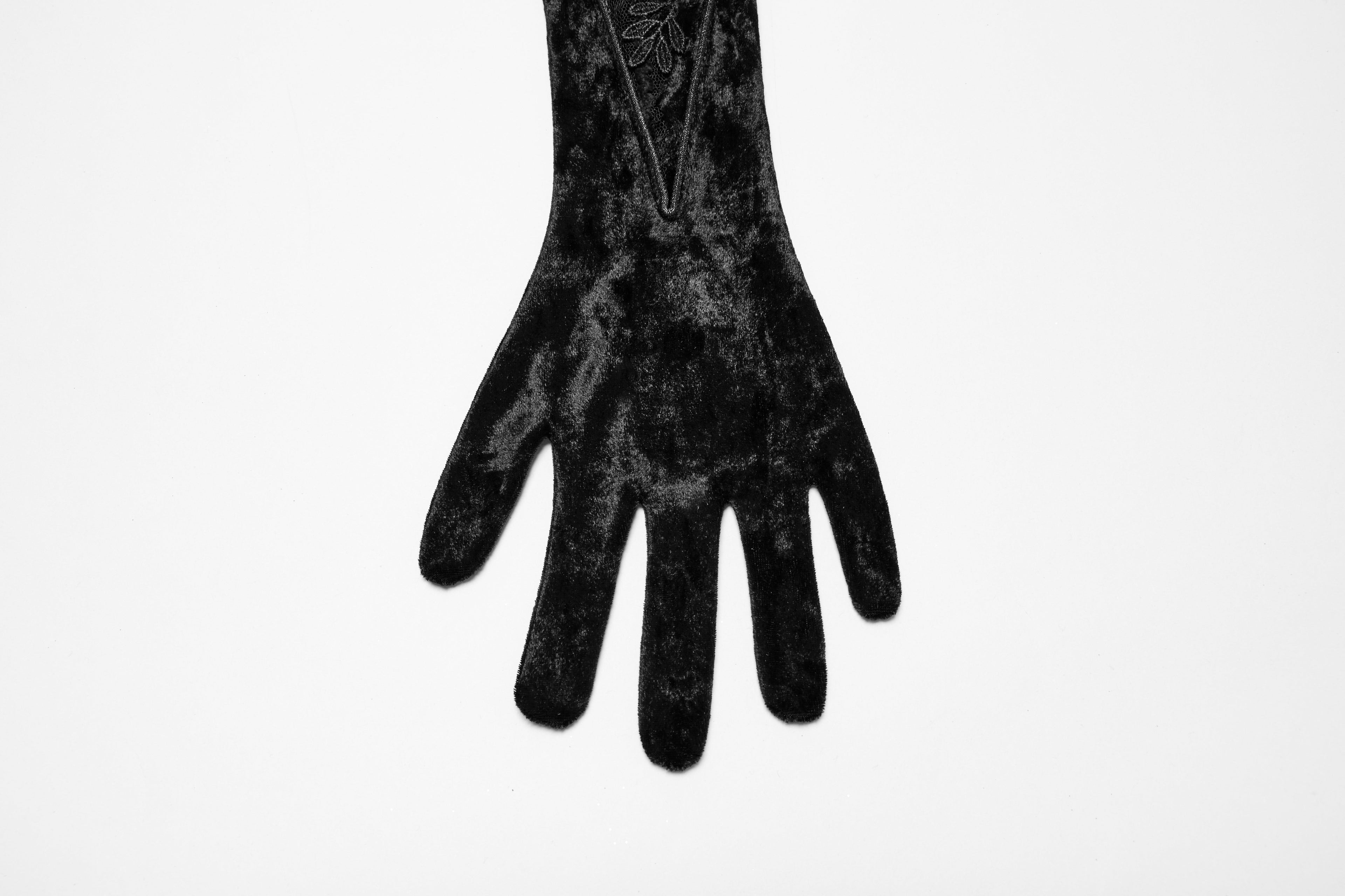 Punk Rave Selene Black Velvet Embroidered Gothic Gloves with Pointed Cuffs