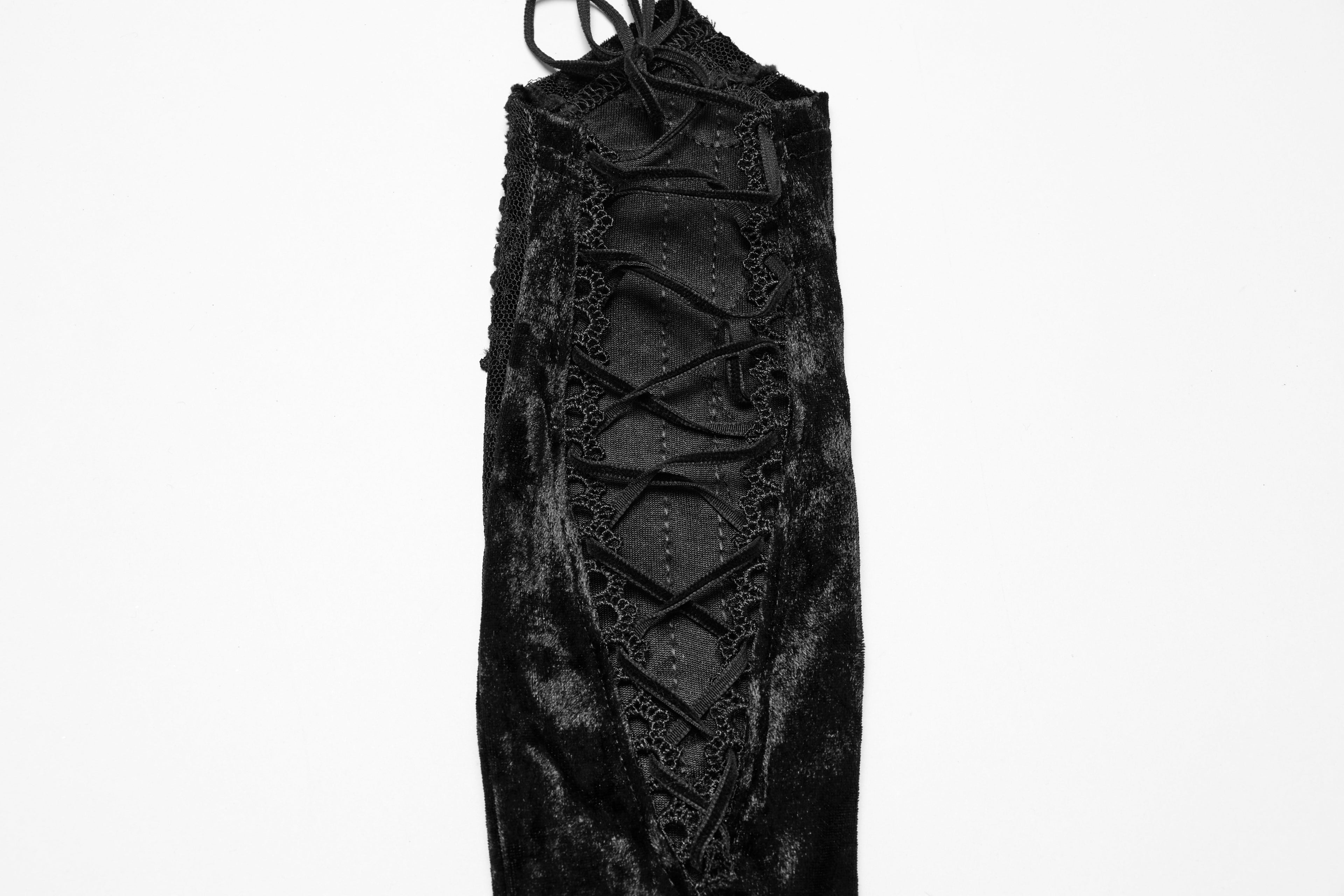 Punk Rave Selene Black Velvet Embroidered Gothic Gloves with Pointed Cuffs