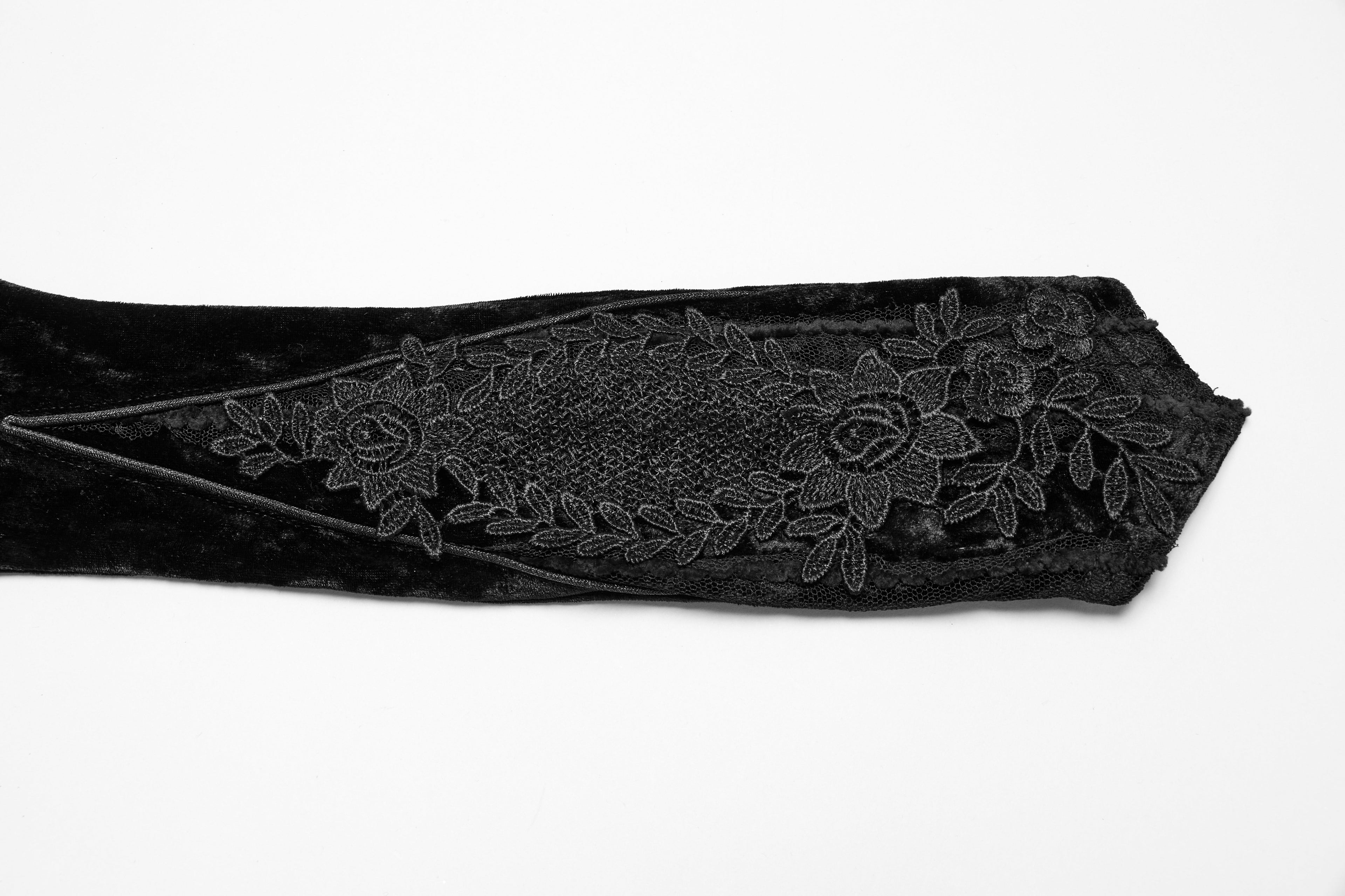 Punk Rave Selene Black Velvet Embroidered Gothic Gloves with Pointed Cuffs