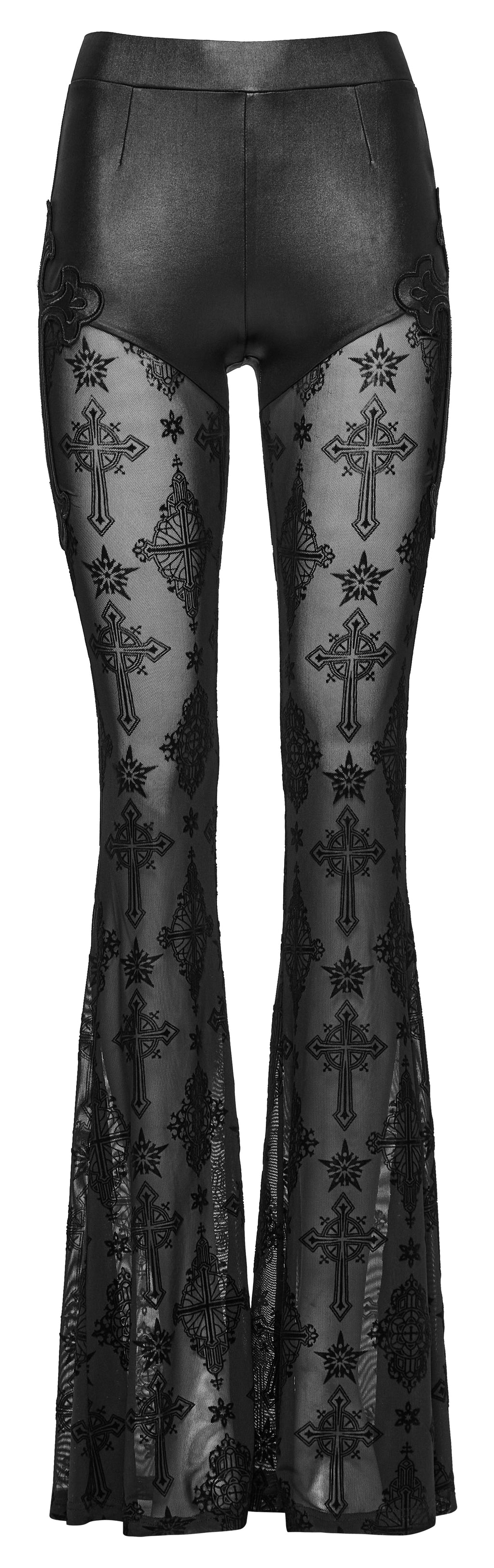 Punk Rave Seraphina Cross Flocking Mesh Flare Pants – Goth Faux Leather