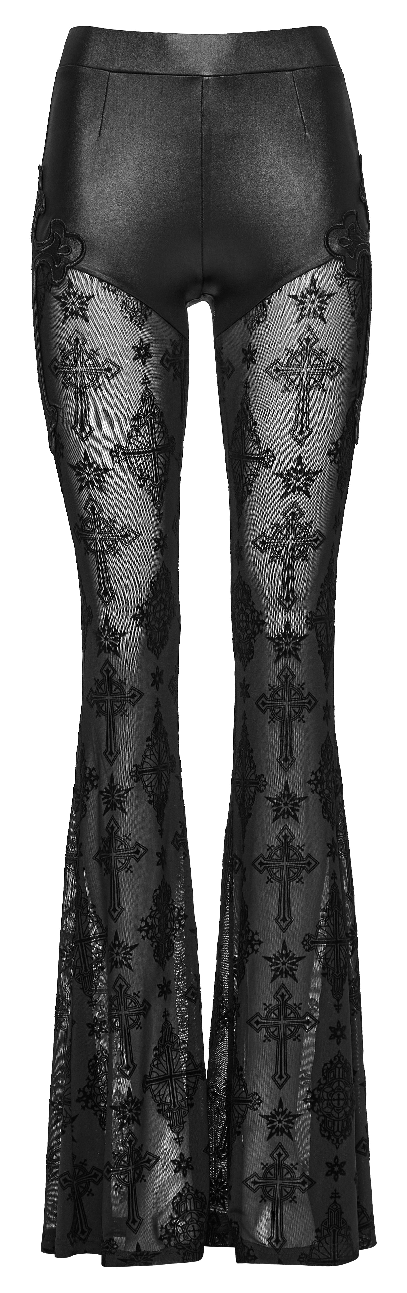Punk Rave Seraphina Cross Flocking Mesh Flare Pants – Goth Faux Leather