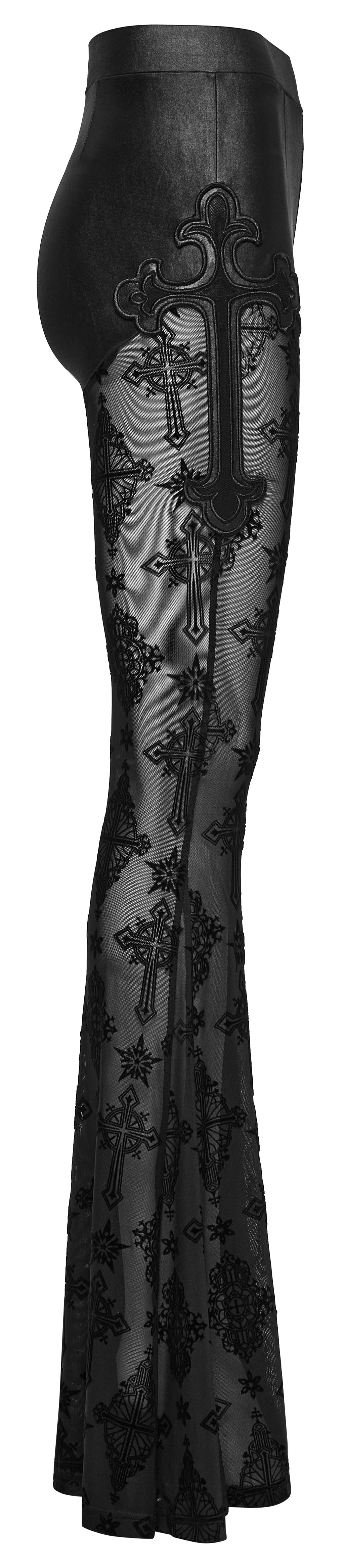 Punk Rave Seraphina Cross Flocking Mesh Flare Pants – Goth Faux Leather