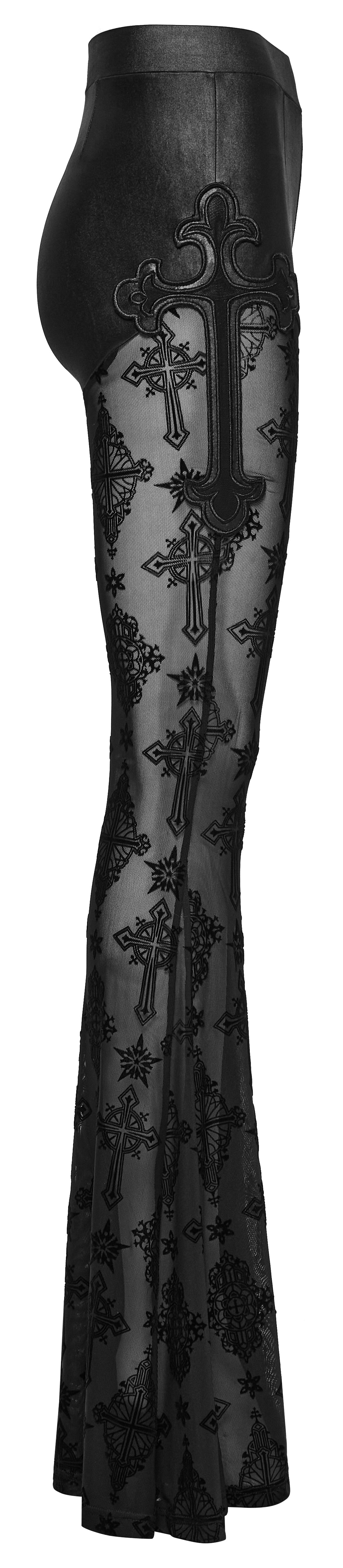 Punk Rave Seraphina Cross Flocking Mesh Flare Pants – Goth Faux Leather
