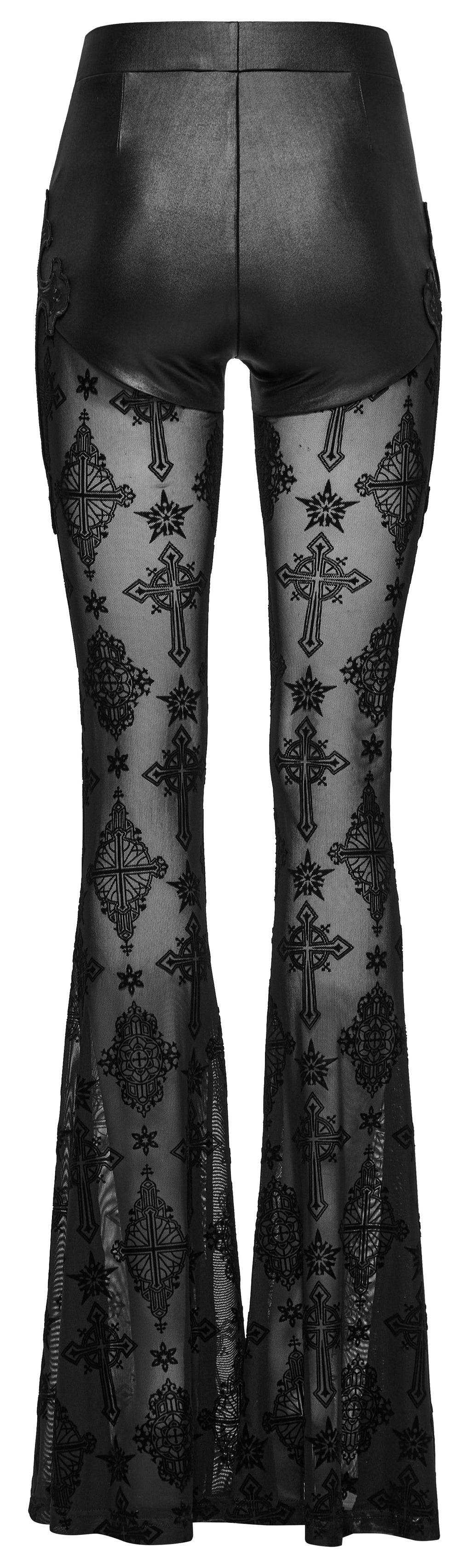Punk Rave Seraphina Cross Flocking Mesh Flare Pants – Goth Faux Leather