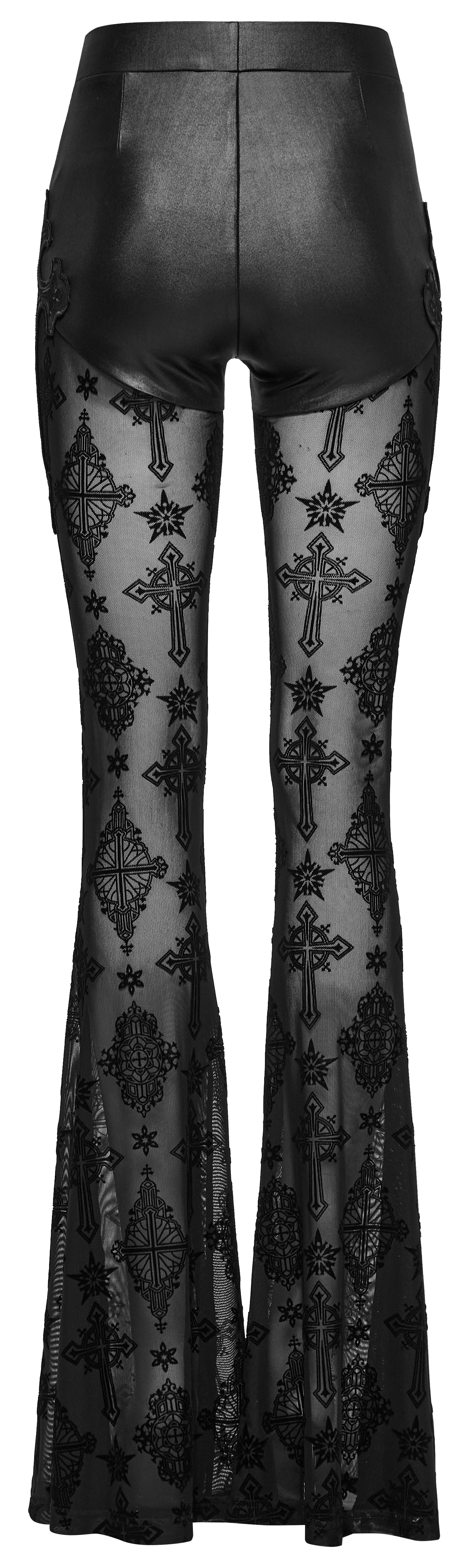 Punk Rave Seraphina Cross Flocking Mesh Flare Pants – Goth Faux Leather