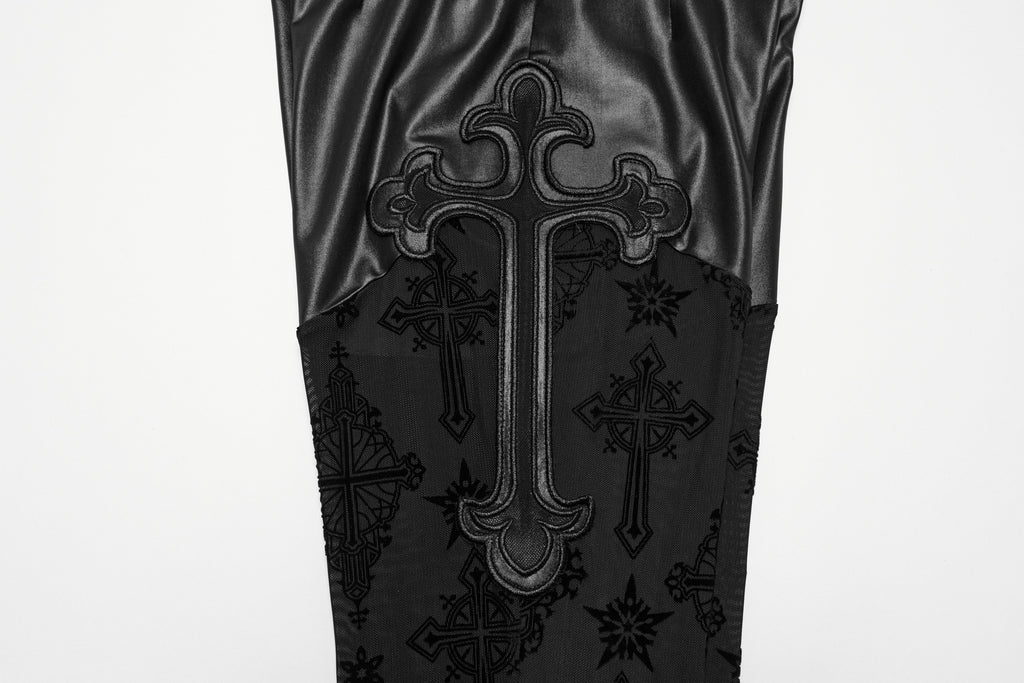 Punk Rave Seraphina Cross Flocking Mesh Flare Pants – Goth Faux Leather
