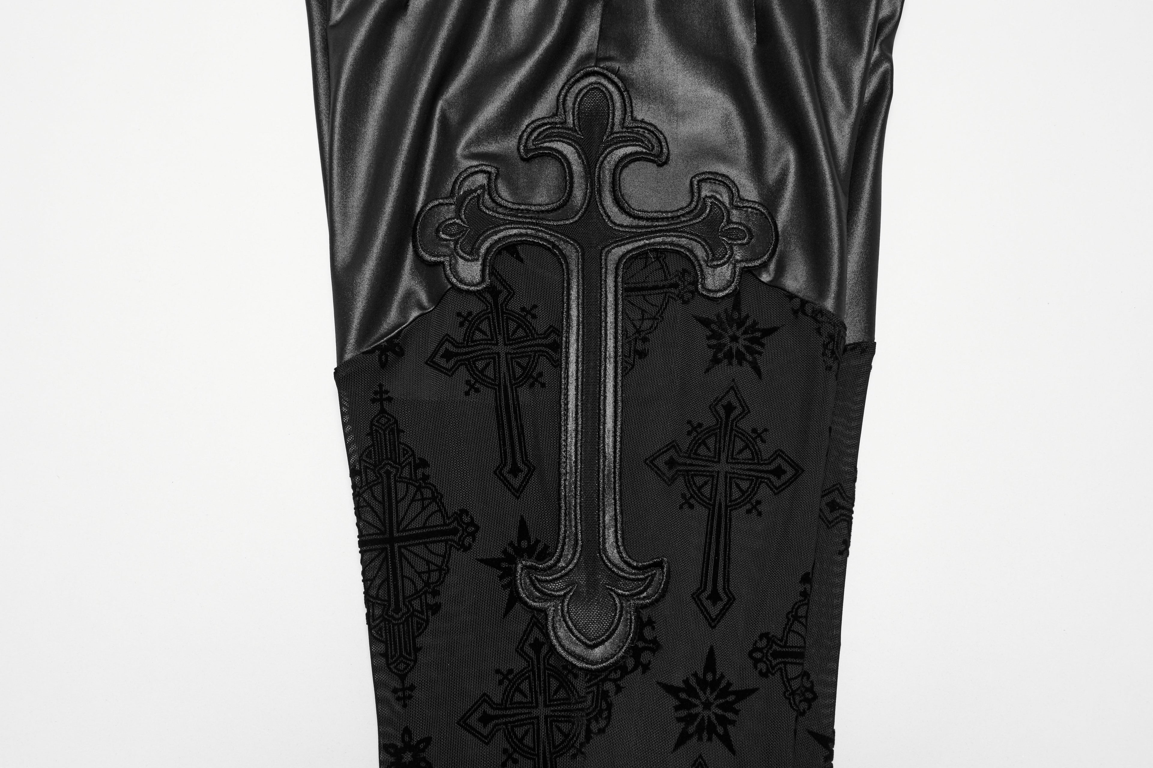Punk Rave Seraphina Cross Flocking Mesh Flare Pants – Goth Faux Leather