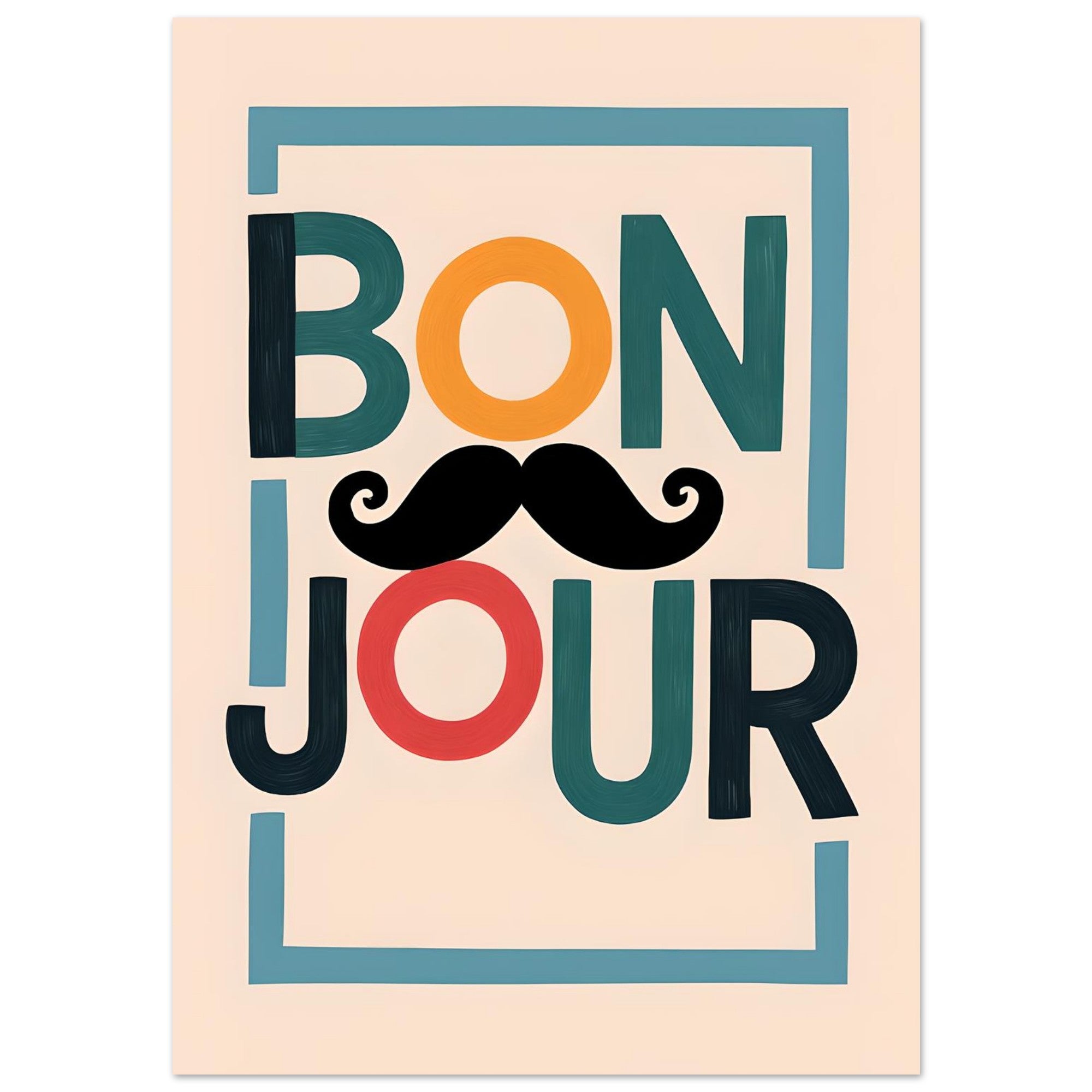 Bonjour Poster - Quirky French Greeting Wall Art with Mustache - Fun Living Room & Café Decor