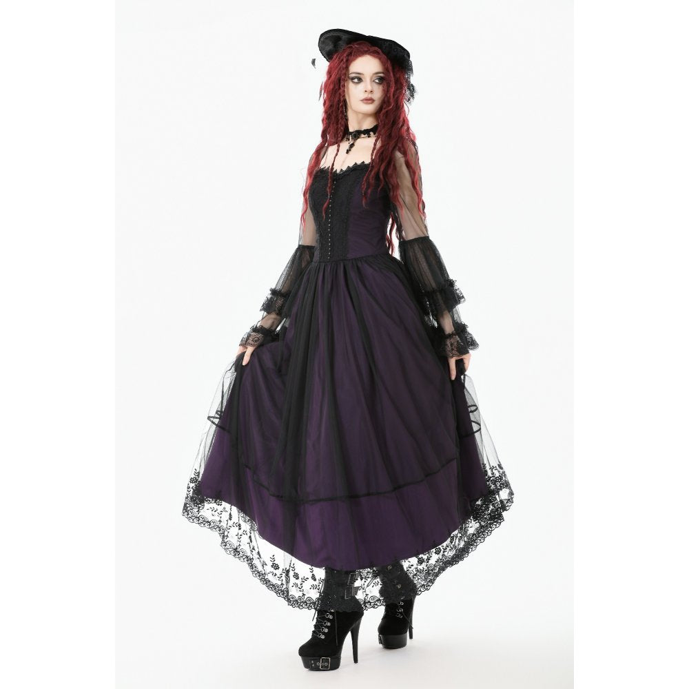 Dark in Love Lilith Gothic Maxi Dress – Black & Plum Bell Sleeve