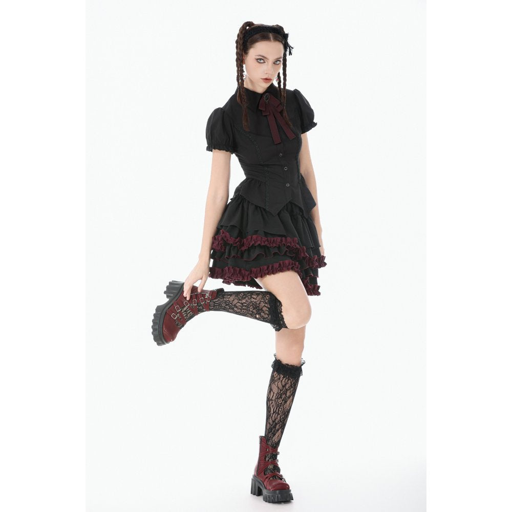 Dark in Love Black & Crimson Gothic Tiered Ruffle Mini Skirt