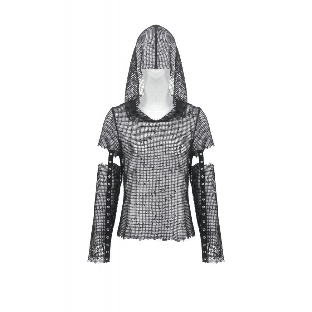 Dark in Love Punk Mesh Hollow-Out Hooded Top – Black Gothic Layer