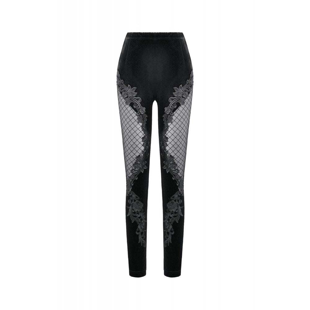 Dark in Love Gothic Velvet Mesh Patchwork Leggings – Slim Fit Trousers