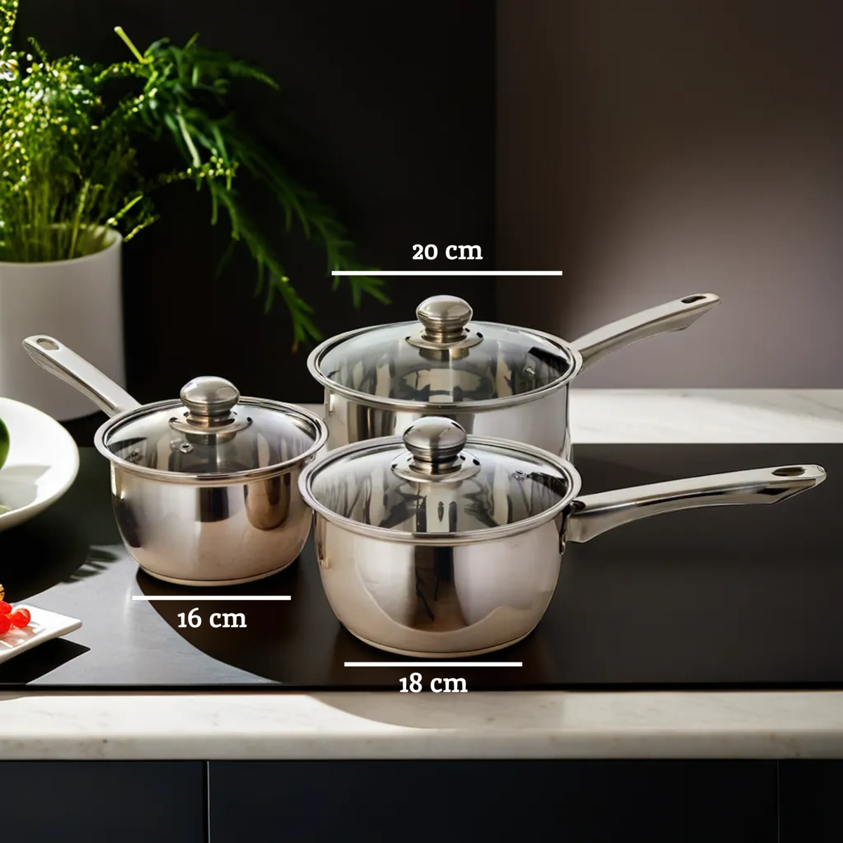 Orsina Crosse 3-Piece Stainless Steel Saucepan Set with Glass Lids