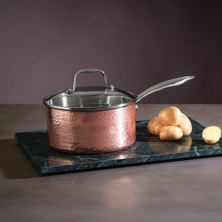 Orsina Minerva 18cm Hammered Copper Saucepan with Vented Lid