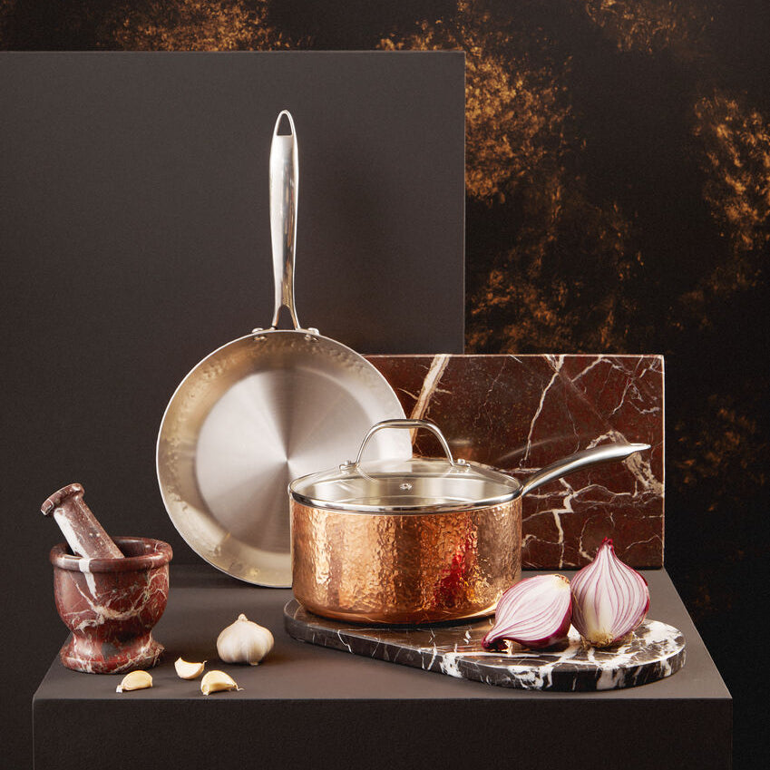 Orsina Minerva 20cm Hammered Copper Saucepan with Glass Lid