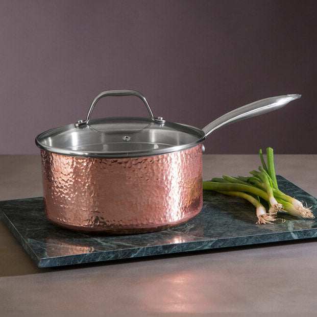 Orsina Minerva 20cm Hammered Copper Saucepan with Glass Lid