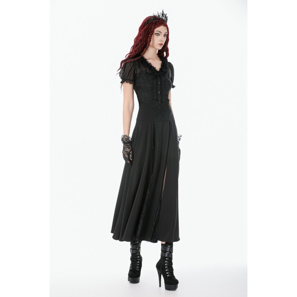 Dark in Love Gothic Long Skirt – High Waist Lace Inset Flowing Skirt