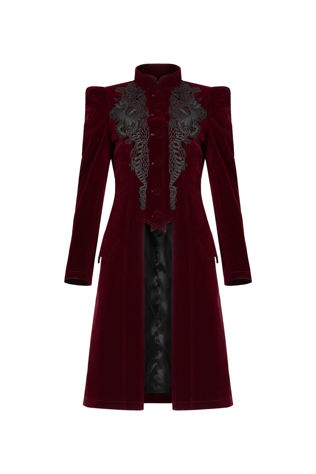 Punk Rave Nerezza Red Goth Velvet Coat – Embroidered Mid-Length