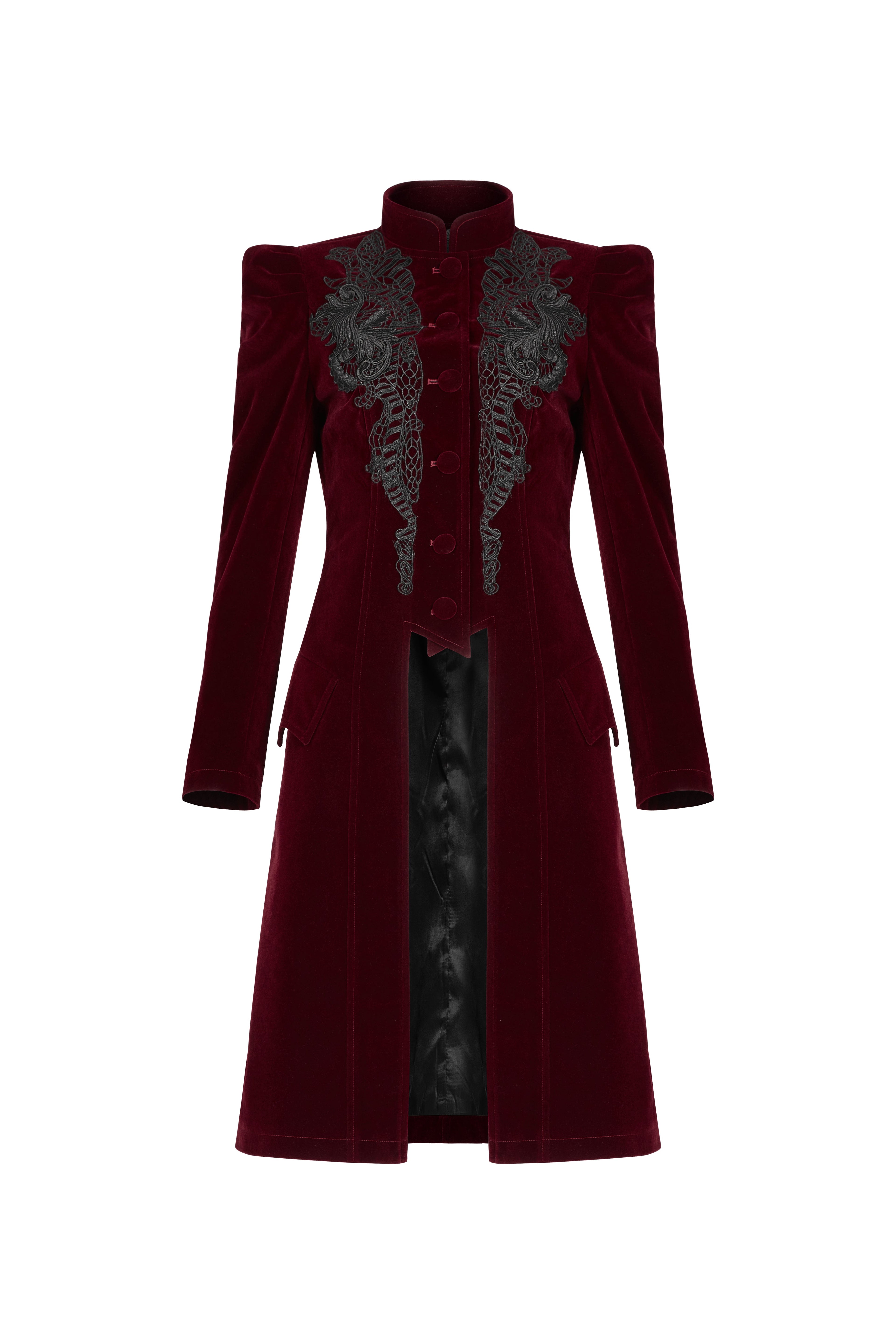 Punk Rave Nerezza Red Goth Velvet Coat – Embroidered Mid-Length
