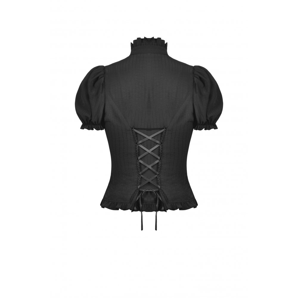 Dark In Love Sinead Black Gothic Blouse – Short Puff Sleeve Ruffle Collar