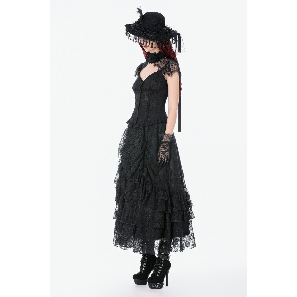 Dark in Love Vintage Gothic Lace Layered Maxi Skirt - Black Victorian