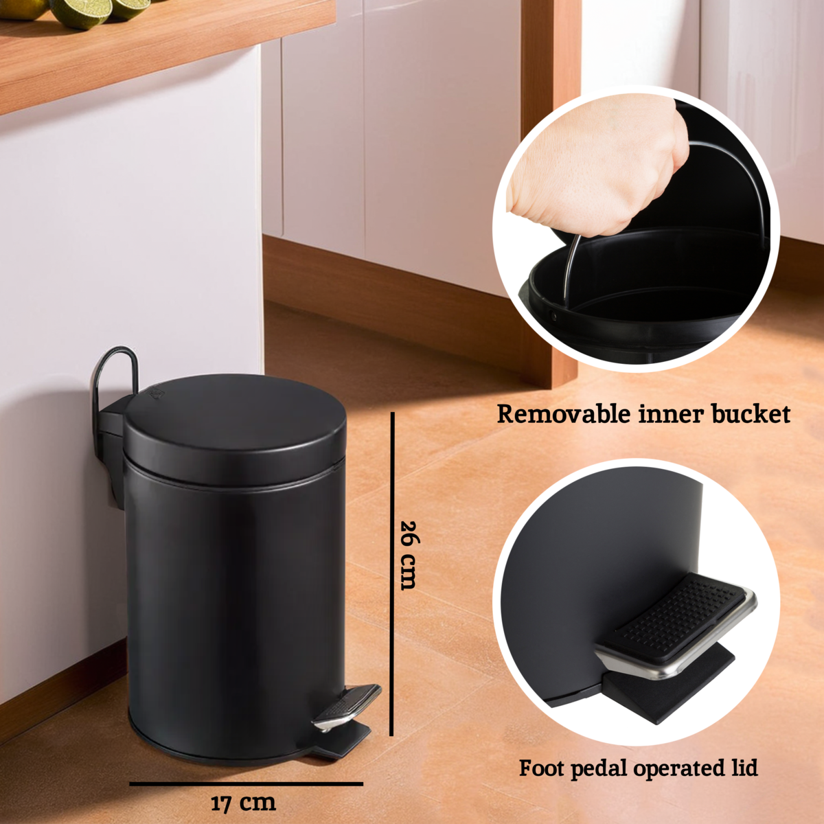 Orsina Parker 3 Litre Pedal Bin – Matte Black Bathroom Wastebin