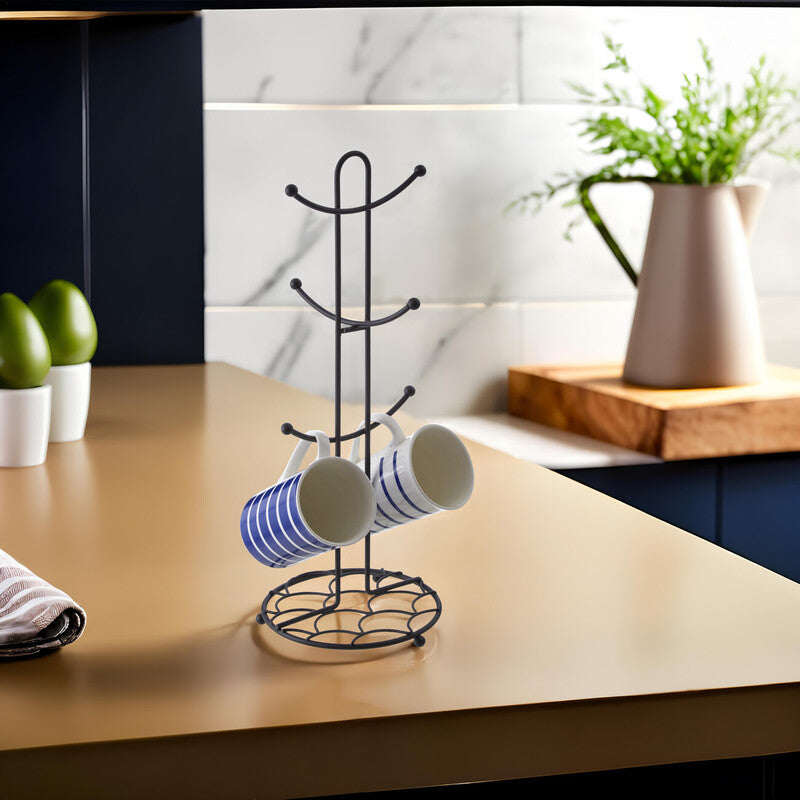 Orsina Vertex Deco Black Mug Tree | 6-Cup Metal Countertop Organizer