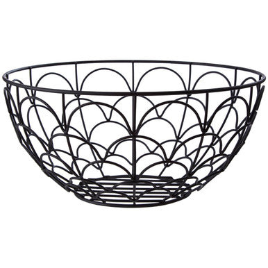 Orsina Vertex Deco Fruit Basket – Matte Black Iron Art Deco Wire Bowl