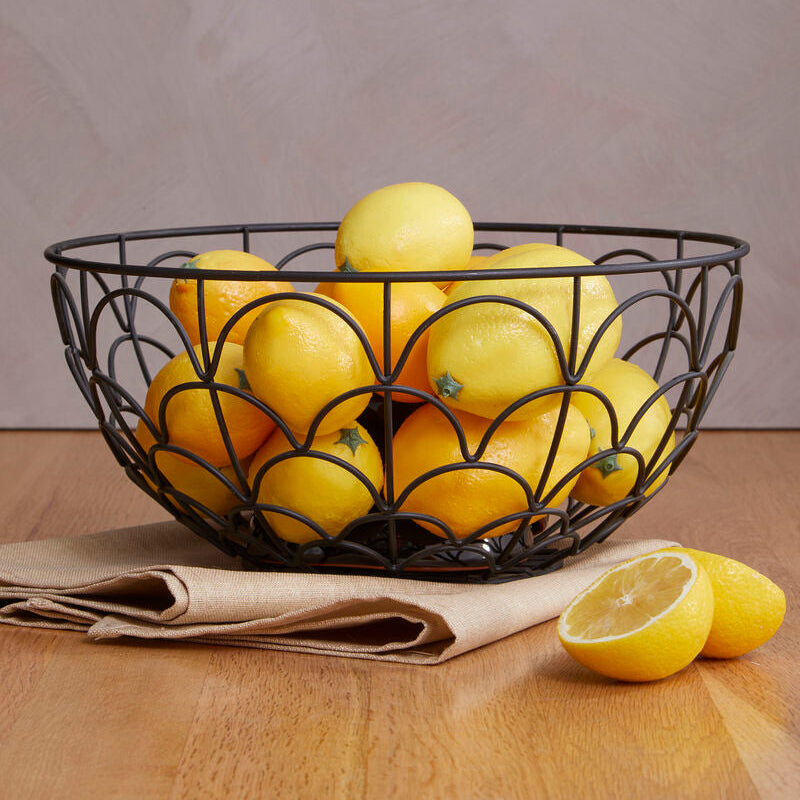 Orsina Vertex Deco Fruit Basket – Matte Black Iron Art Deco Wire Bowl
