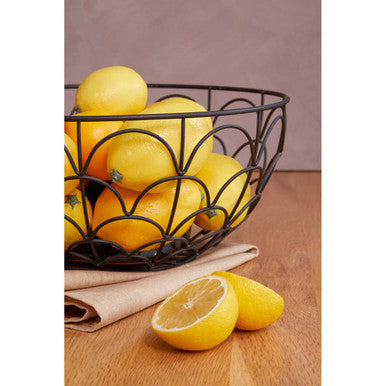 Orsina Vertex Deco Fruit Basket – Matte Black Iron Art Deco Wire Bowl