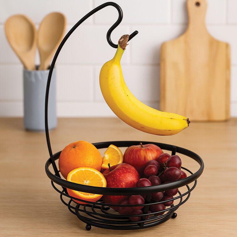 Orsina Emery Matte Black Fruit Basket with Banana Hanger Wire Bowl