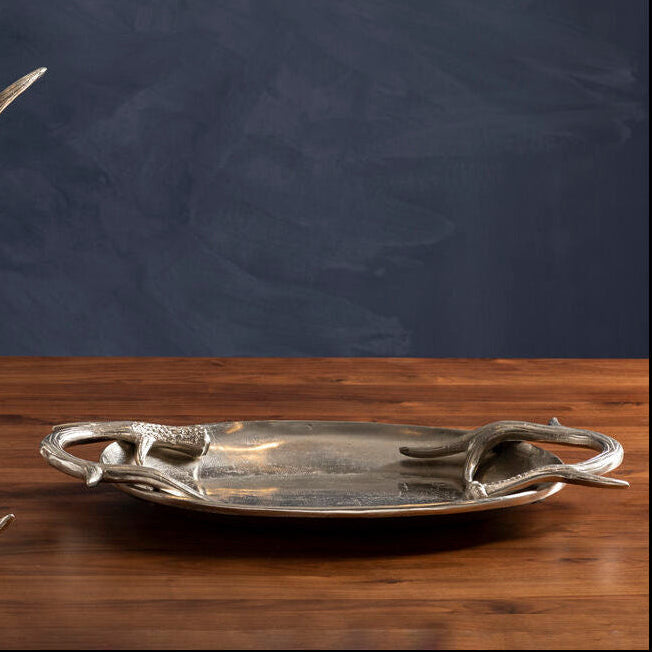 Orsina Antler Serving Tray – Silver Oval Decorative Table Centerpiece