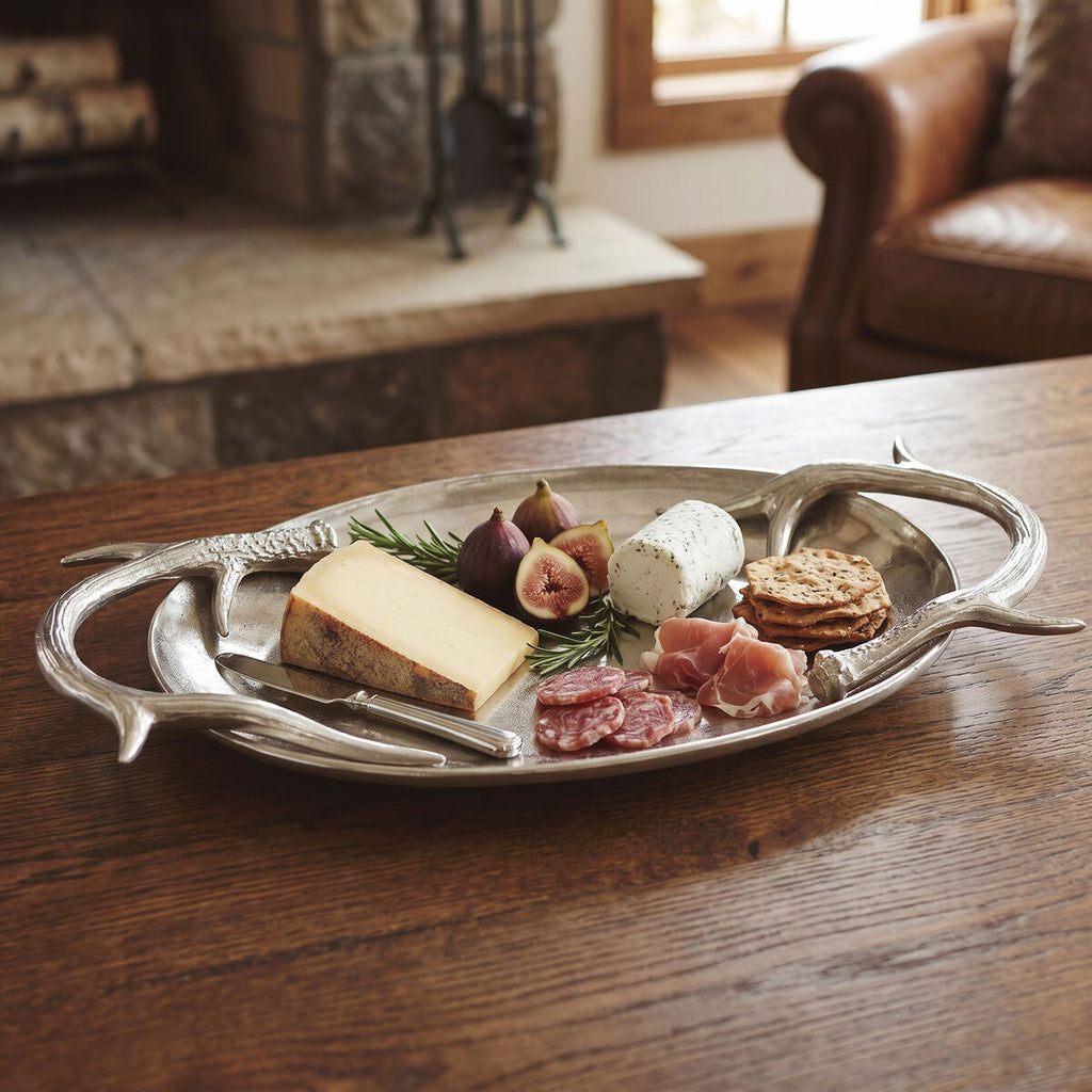 Orsina Antler Serving Tray – Silver Oval Decorative Table Centerpiece