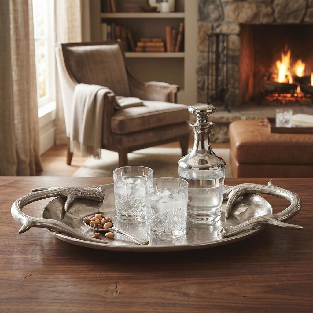 Orsina Antler Serving Tray – Silver Oval Decorative Table Centerpiece