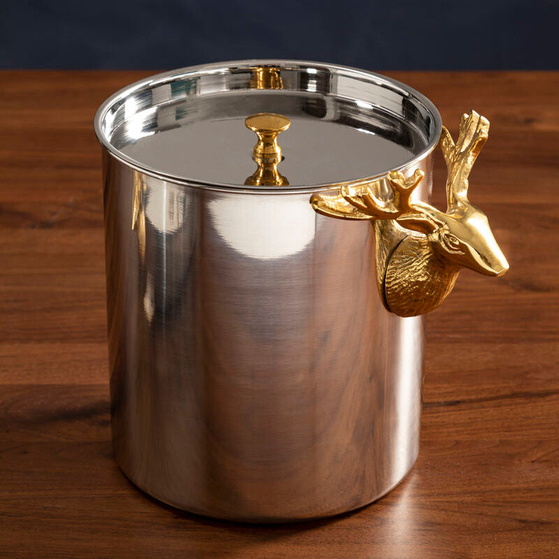 Orsina Atholl Ice Bucket with Lid | Silver & Gold Stag Head Handle