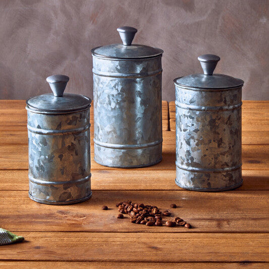Orsina Galvanised Steel Canisters – Set of 3 Ribbed Kitchen Storage