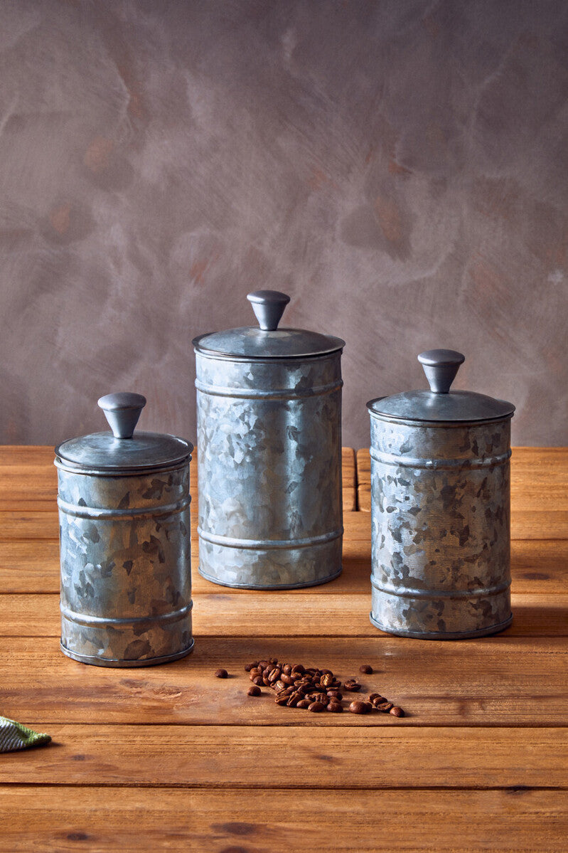 Orsina Galvanised Steel Canisters – Set of 3 Ribbed Kitchen Storage