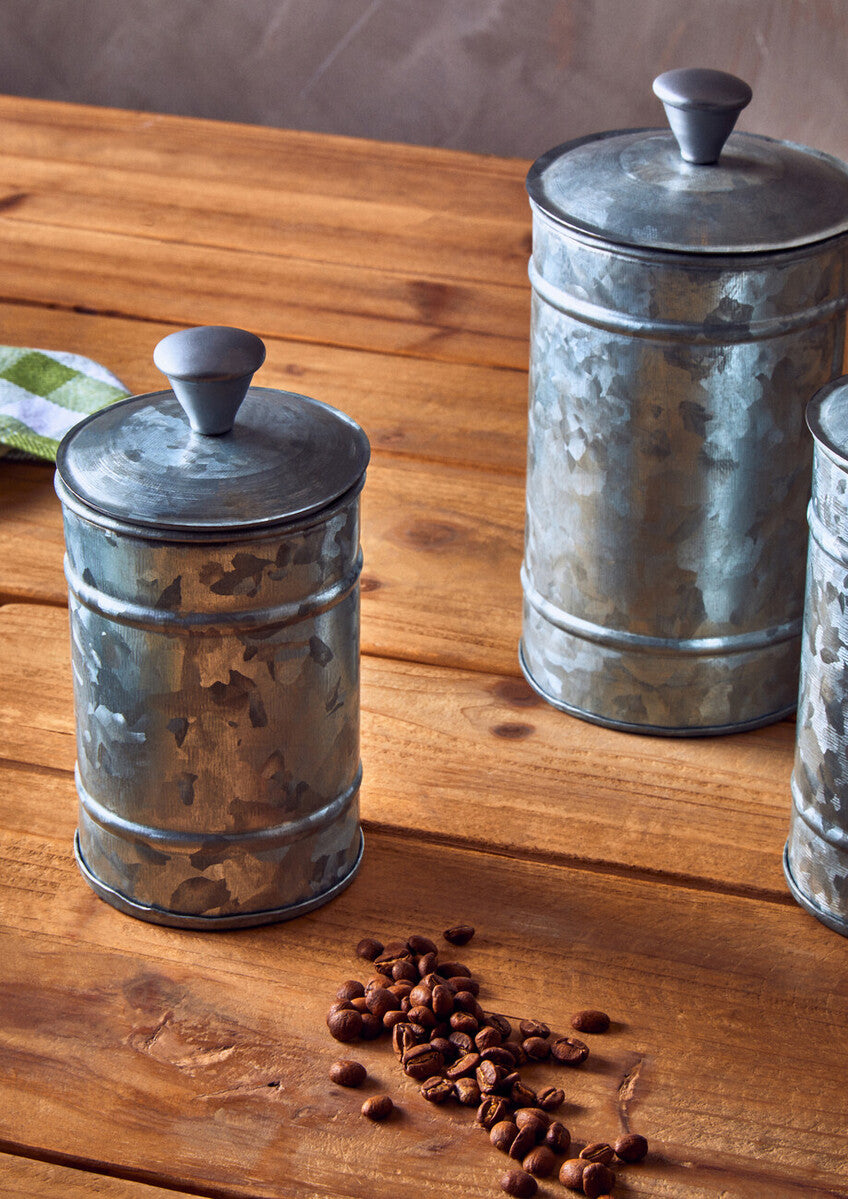 Orsina Galvanised Steel Canisters – Set of 3 Ribbed Kitchen Storage