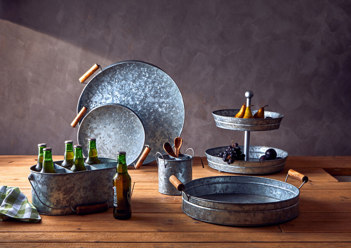 Orsina Drummond Round Galvanised Steel Serving Tray with Wood Handles