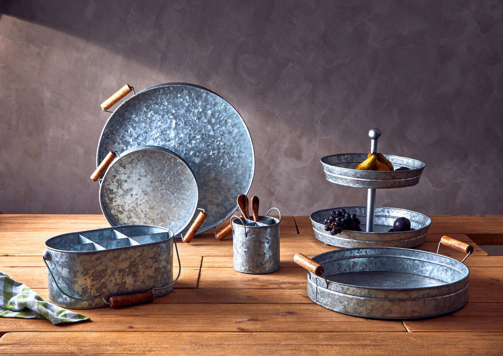 Orsina Drummond Round Galvanised Steel Serving Tray with Wood Handles