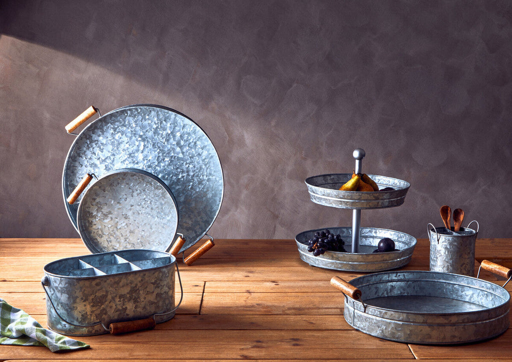 Orsina Drummond Round Galvanised Steel Serving Tray with Wood Handles