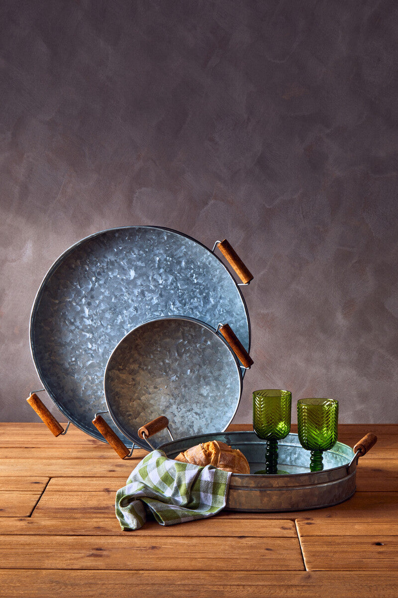 Orsina Drummond Round Galvanised Steel Serving Tray with Wood Handles