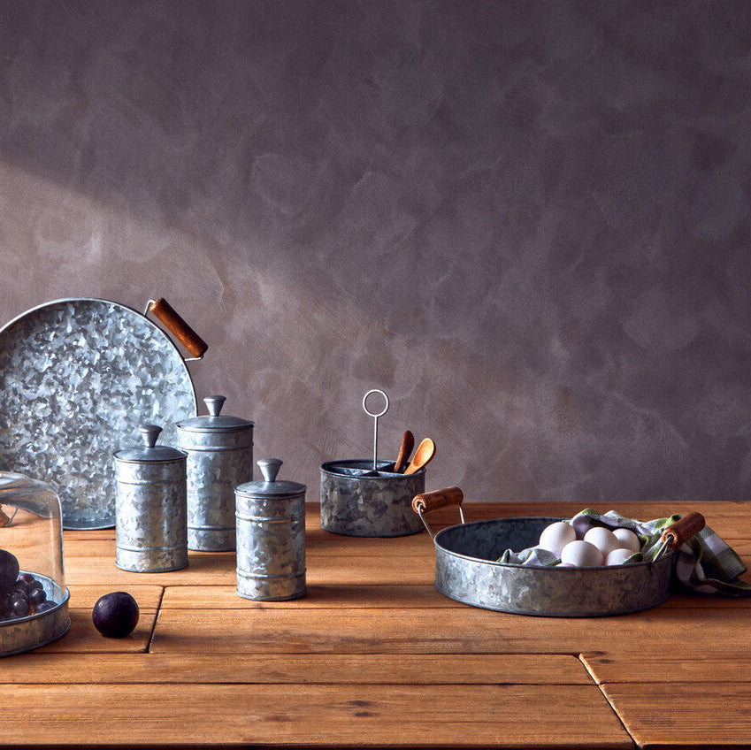 Orsina Drummond Galvanised Steel Round Serving Tray with Wood Handles
