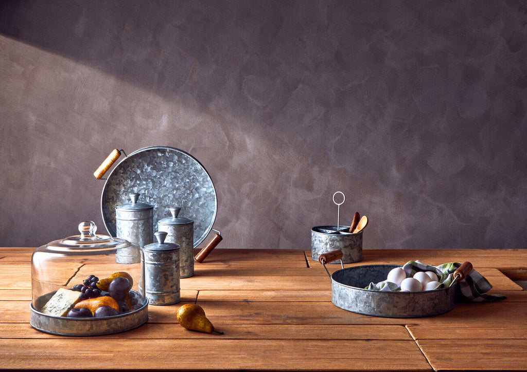 Orsina Drummond Galvanised Steel Round Serving Tray with Wood Handles