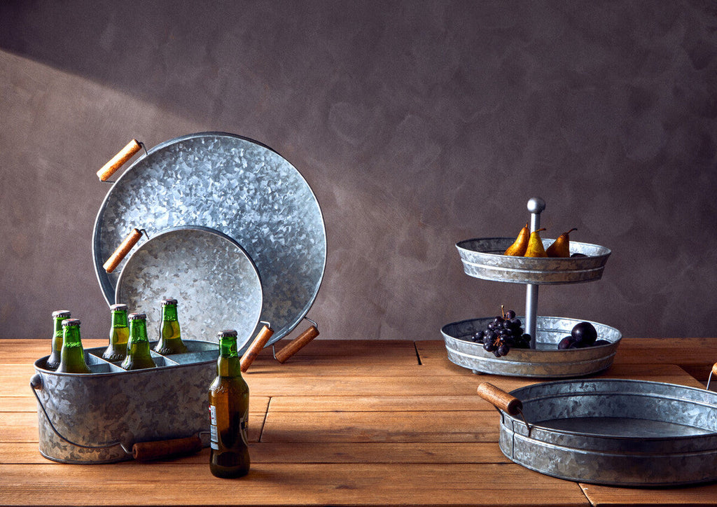 Orsina Drummond Galvanised Steel Round Serving Tray with Wood Handles
