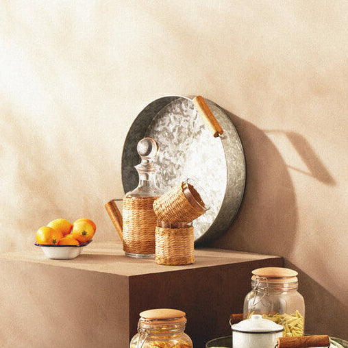 Orsina Drummond Galvanised Steel Round Serving Tray with Wood Handles