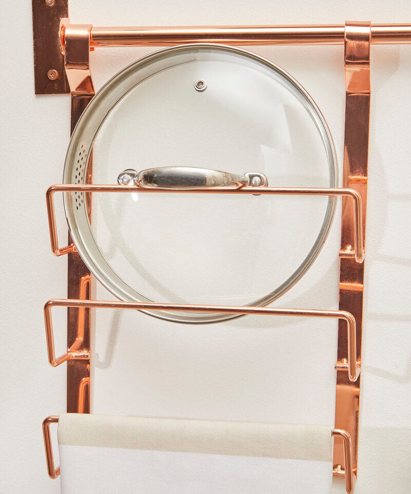 Orsina Rose Gold Hanging Pan Lid Rack – 3-Tier Kitchen Organizer